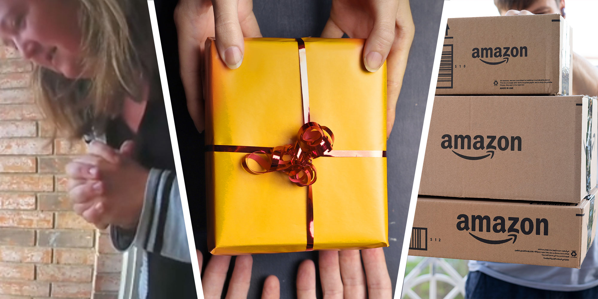 Three panel design with a woman looking down as she stands on her porch, next to an image of a gift, next to an image of a stack of amazon delivery boxes