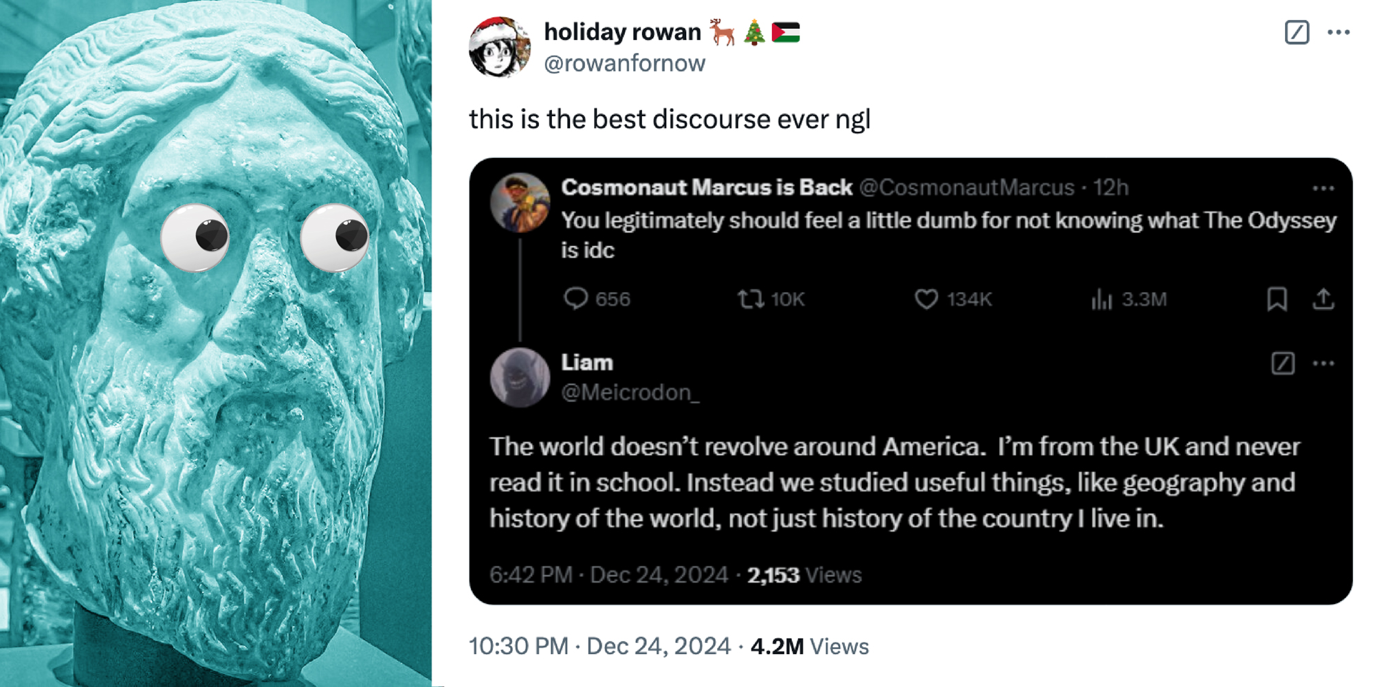 2 panel image: on the left we see a bust of Homer the author of The Odyssey, and on the right a screenshot of a tweet about knowing what the Odyssey is.