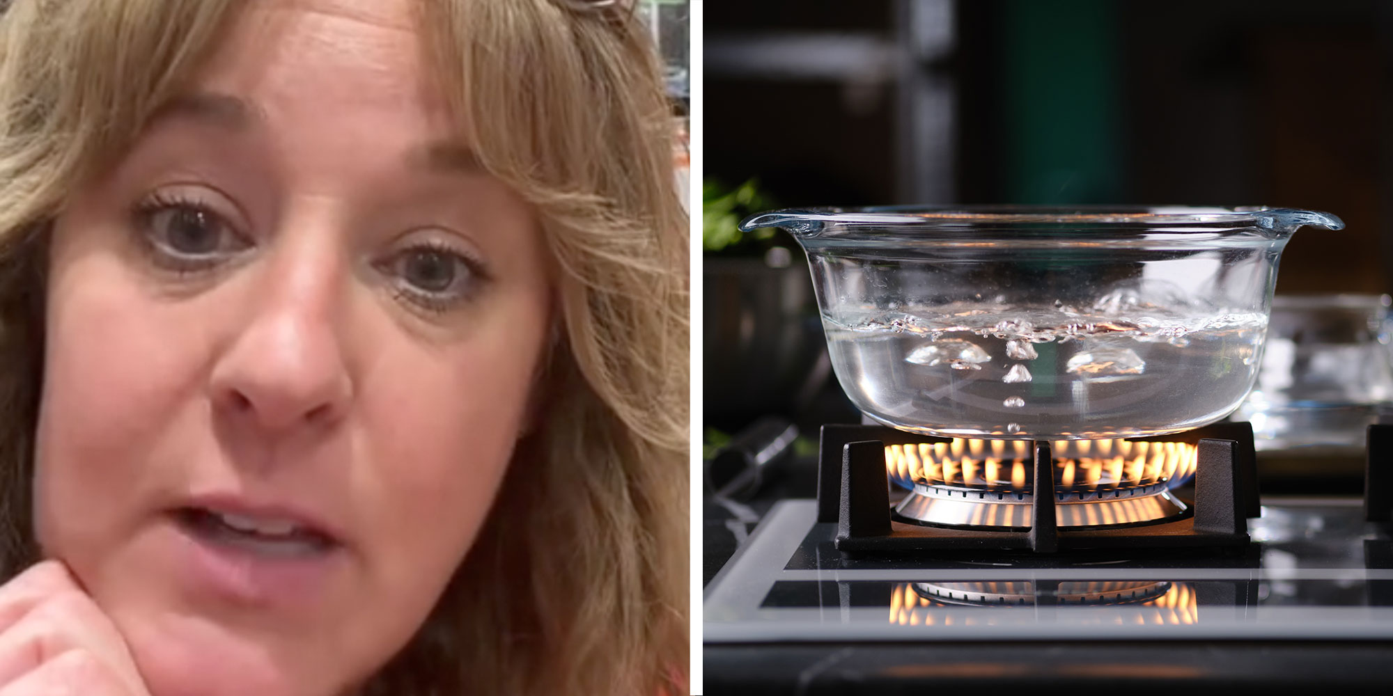 Two panel design with a woman looking shocked in the first one, next to an image of a glass pot with boiling water