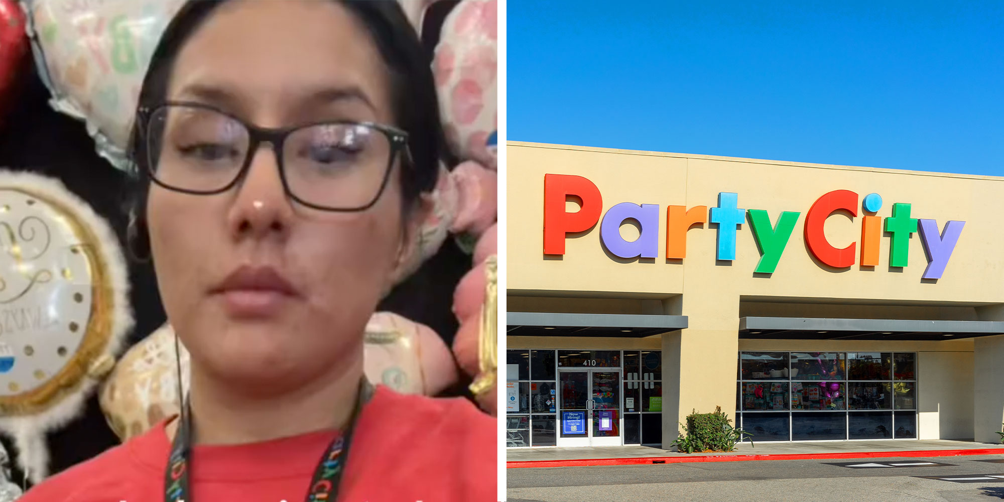 Two panel design with a worker from Party city looking at the camera in one, next to a image of a Party City Store