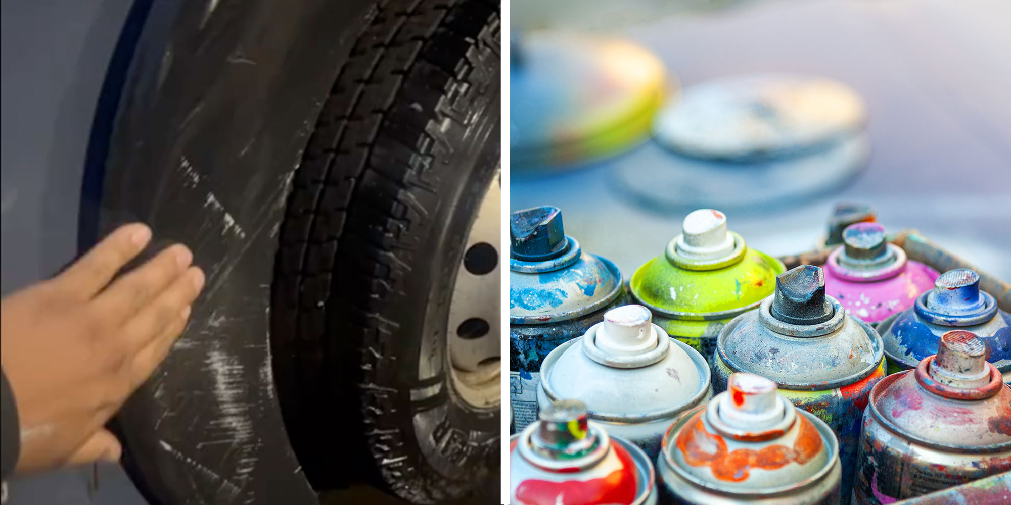 Two panel design with a person looking at a scratched wheel with their hand in one, next to an image of a box of spray paint