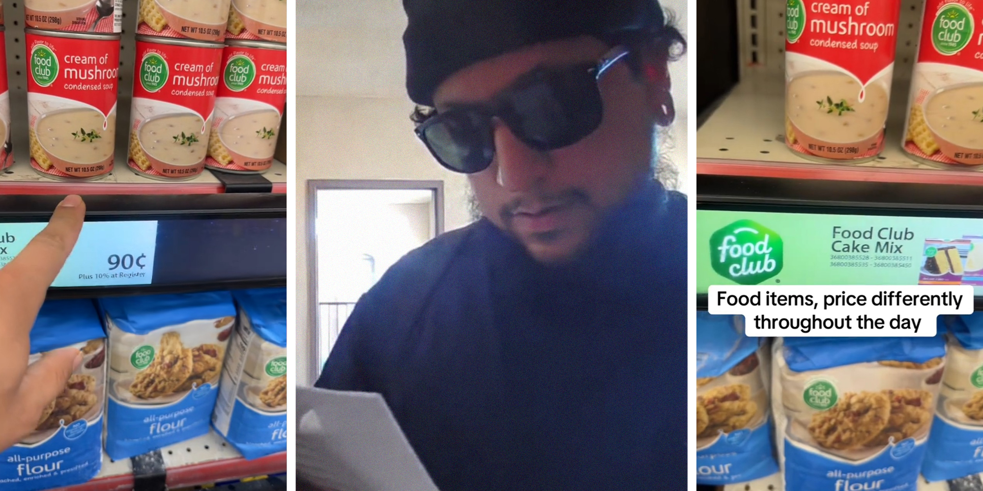 Pointing at changing animated label(l) Man looking at paper(c) Food Club Store Sign(r)