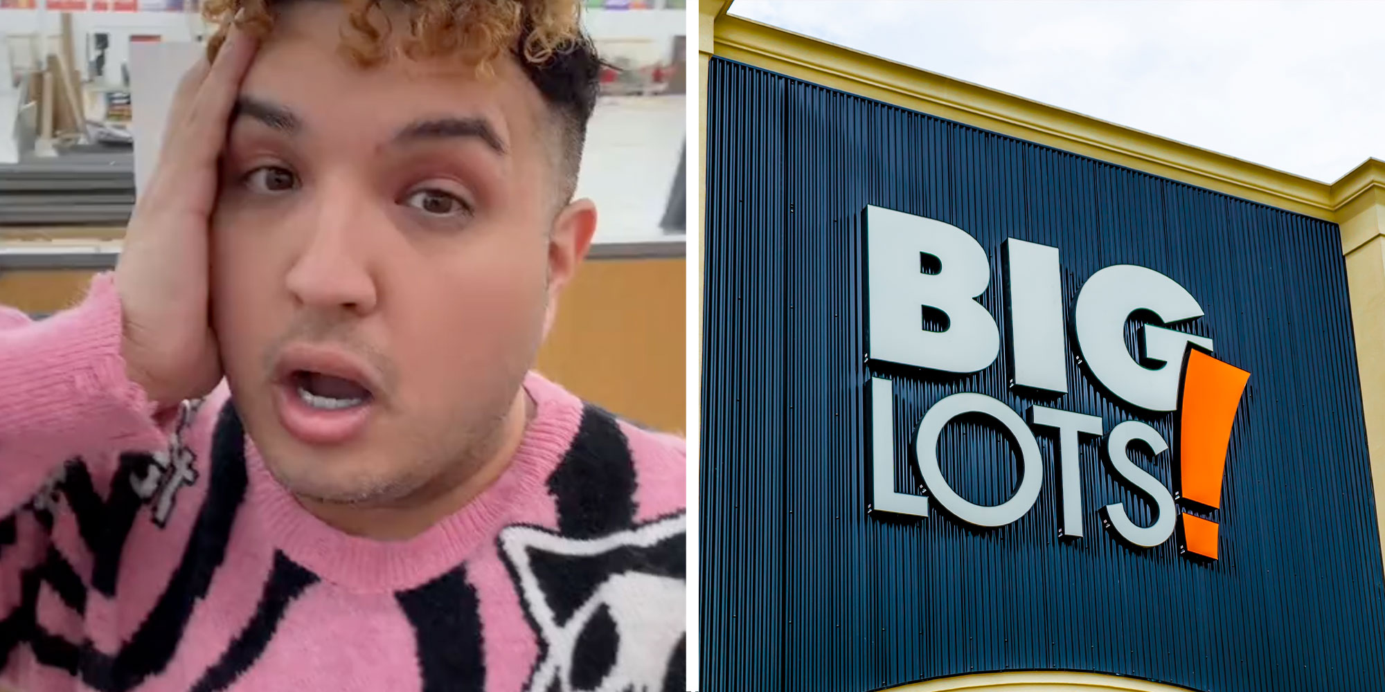 Two panel design with a person looking shocked in one, next to a Big Lots! Store