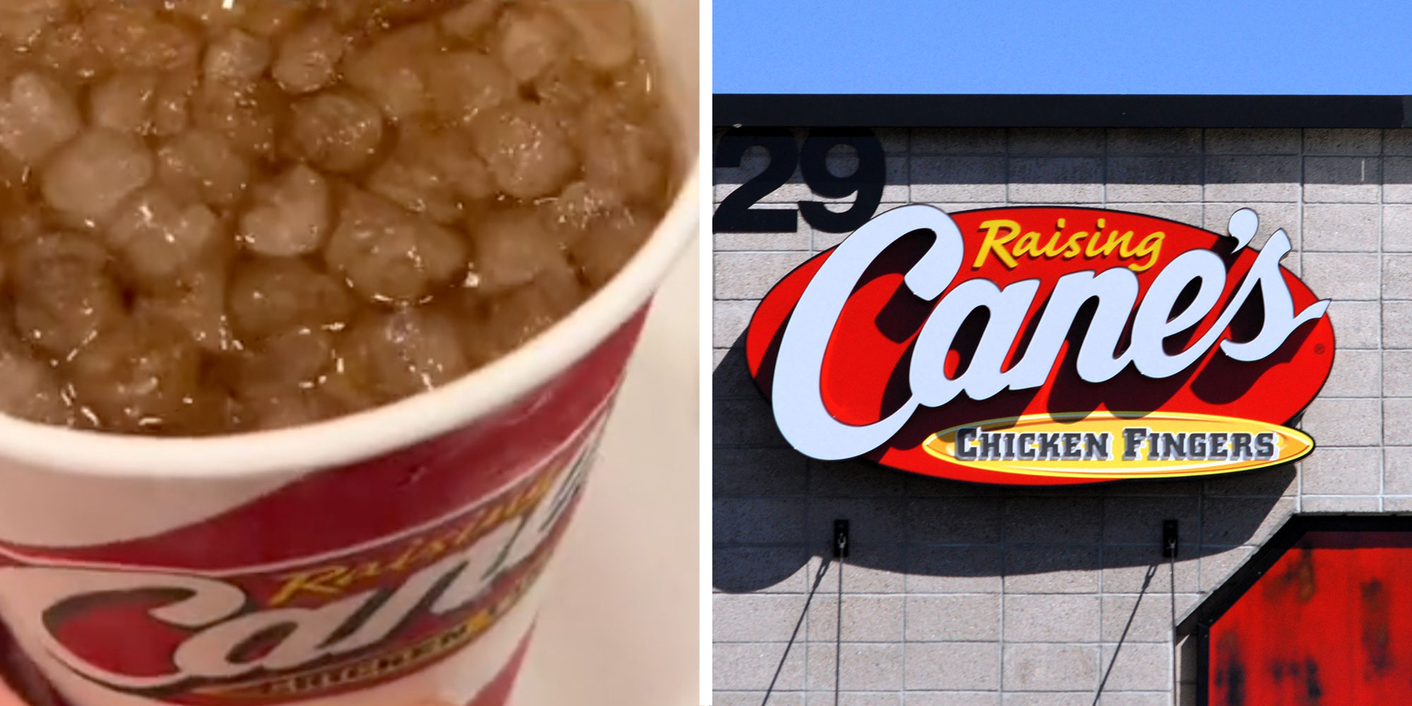 Two panel design with a close up of a soda with lots of ice, next to an image of a Raising Cane's restaurant