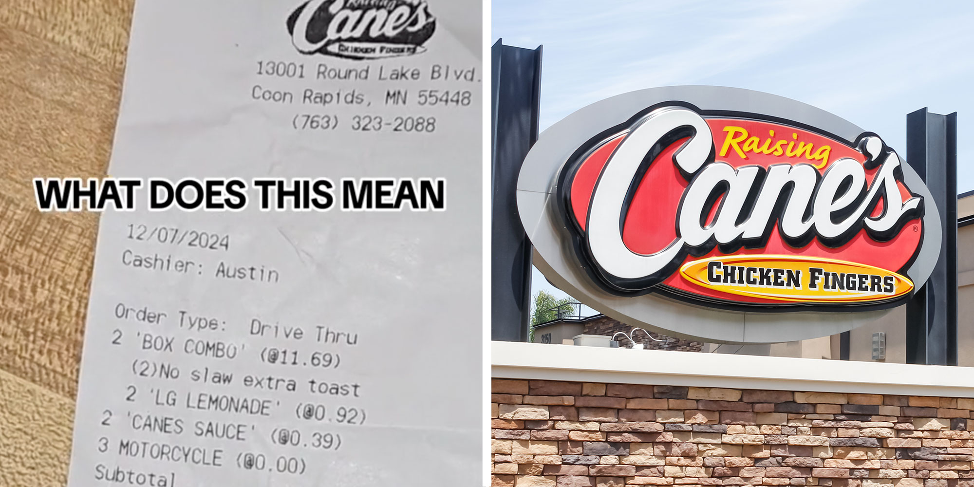 Two panel design with a close up of a receipt with text overlay reading "What Does This Mean", next to an image of a Raising Cane's Restaurant sign