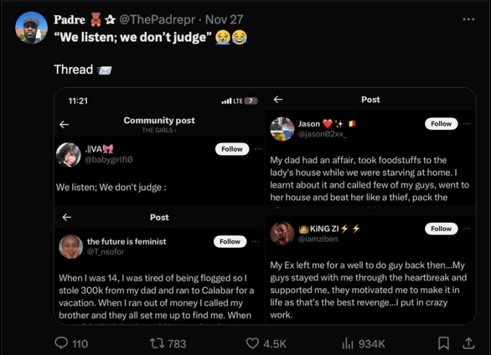 An X account sharing a photo of a collage of X posts with secrets being confessed, and the caption "we listen, we don't judge" on top.