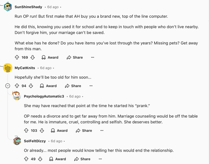 A Reddit thread reaction to a bad "We listen and we don't judge" Reddit situation