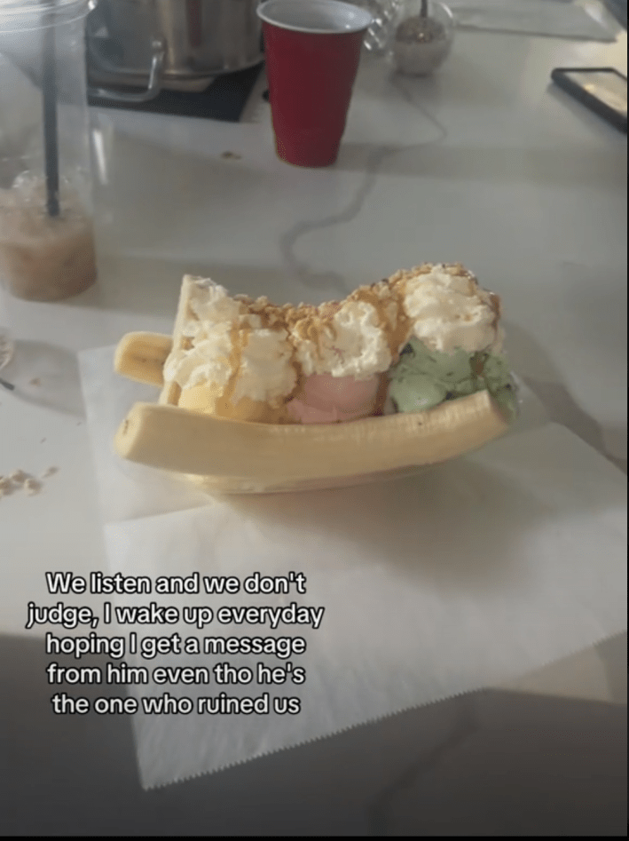 A Still from a TikTok video of a "We Listen, we don't judge" video variation where someone has broken up.