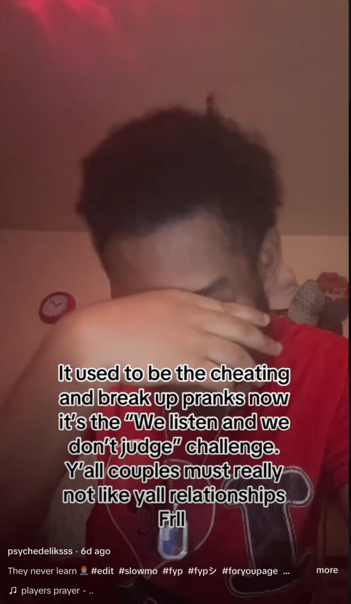 A screengrab of a tiktock judging the we listen and we don't judge trend