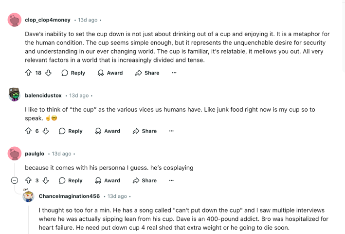 A reddit thread hypothesizing who Dave Blunts "Cant put down the cup"