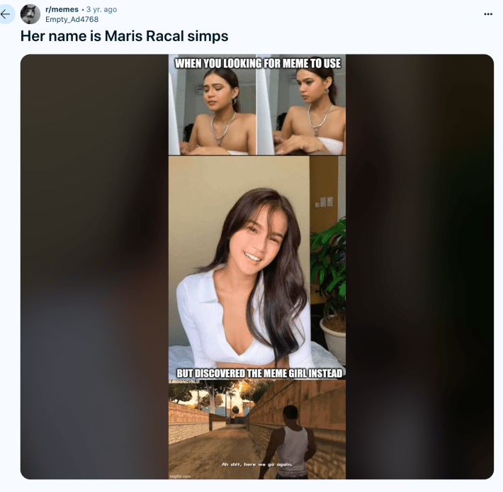 A Reddit post of Maris Racal saying "her name is Maris Racal Simps" with a collage of Racal