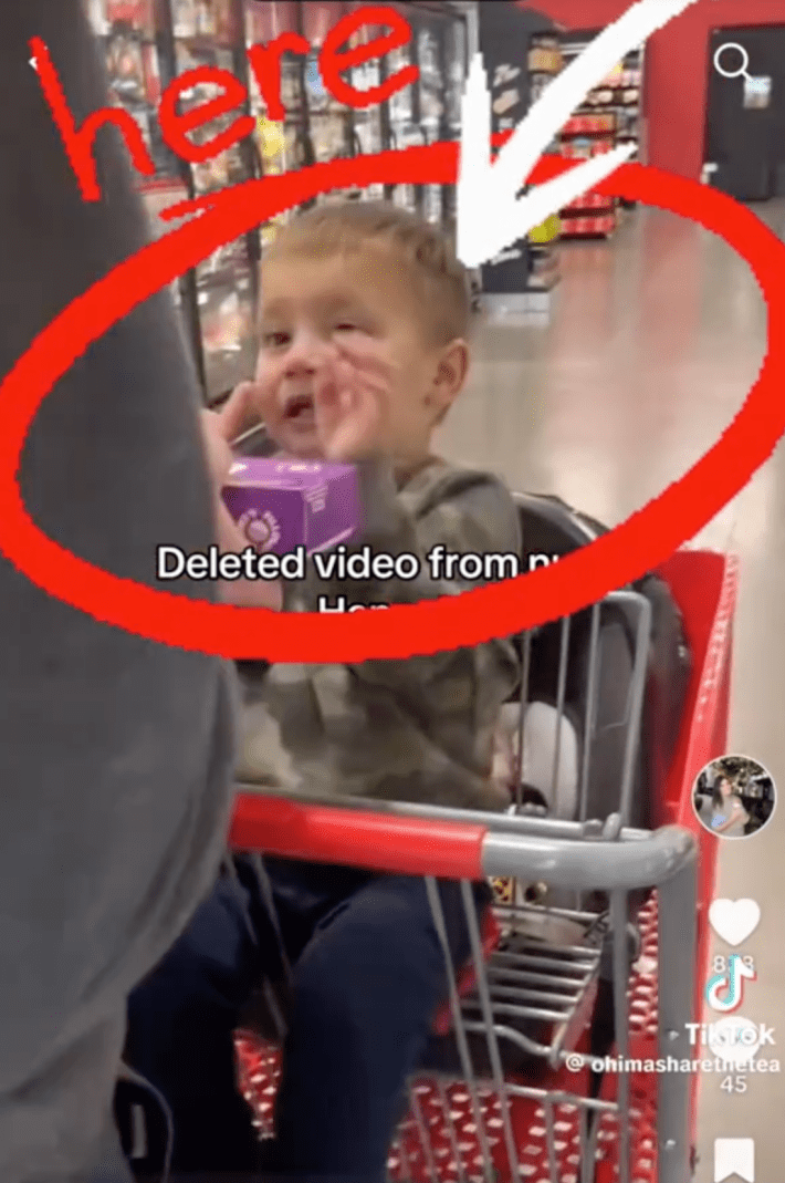 A screenshot of Hannah Hiatt's child flinching, crux of the controversy