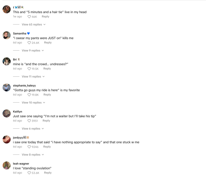 A TikTok comments section giving alternatives to "raw no comment"
