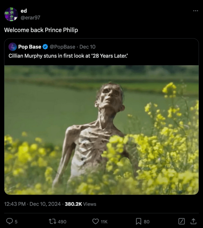 clip of Zombie Cillian murphy with caption "Welcome Back Prince Philip"