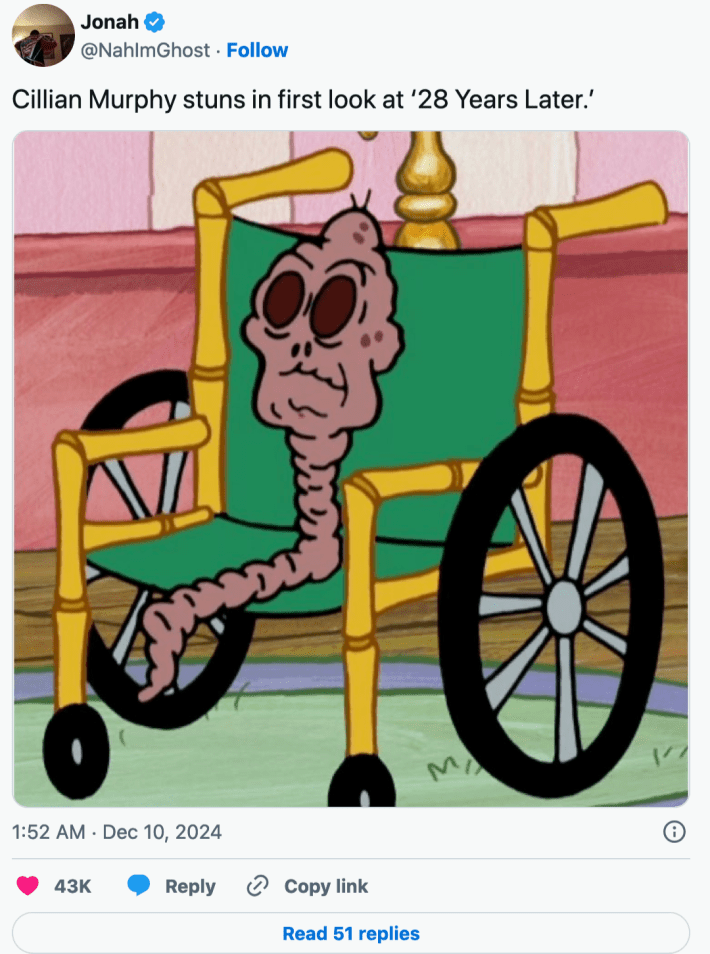 A reaction to the Cillian Murphy zombie clip, with a worm in a wheelchair saying "Cillian Murphy stuns in first look of 28 Years later"