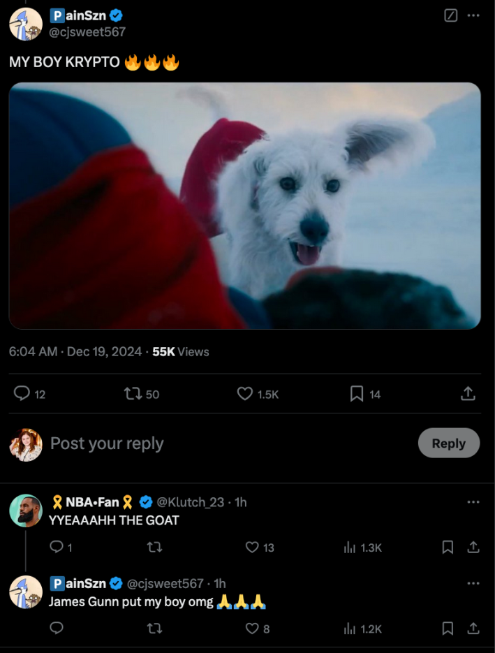 A still and X reactions of Crypto from the new Superman