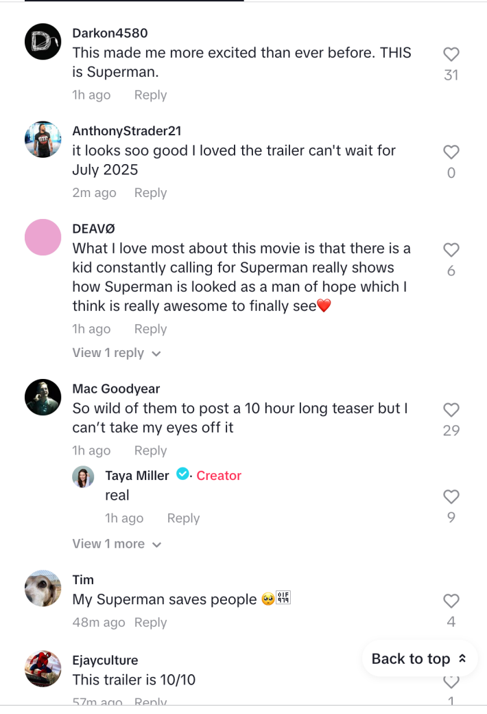 TikTok comments on new Superman trailer