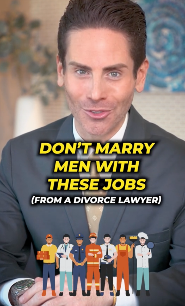 Clip from a TikTok with the caption "Don't marry men with these jobs (from a divorce lawyer)."