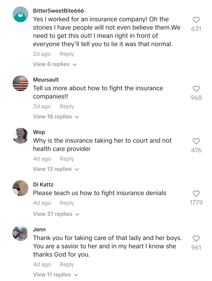 A group of comments from a TikTok post from a United Health Insurance claims worker.