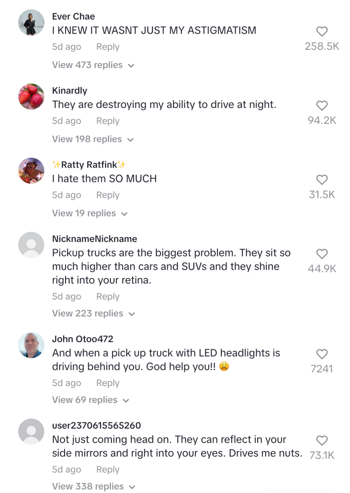 TikTok reactions to the CBS piece about headlight glare