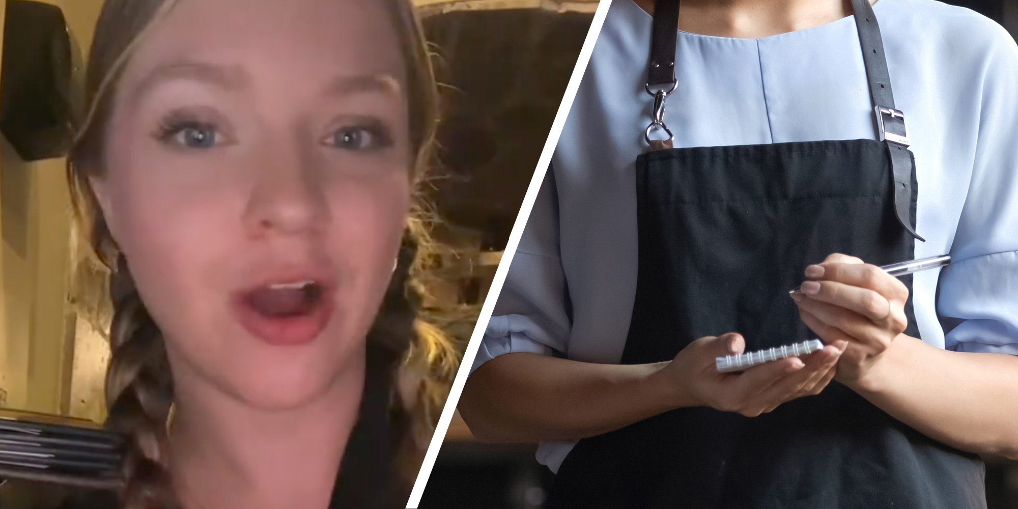 Woman talking(l), Waiter taking order(R)