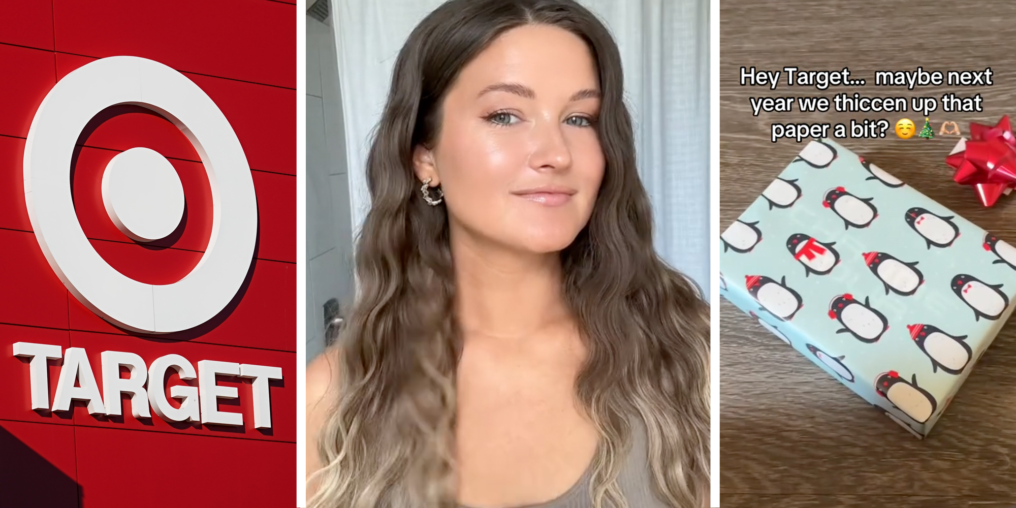 Target sign(l), Woman talking(c), Wrapped gift(r)