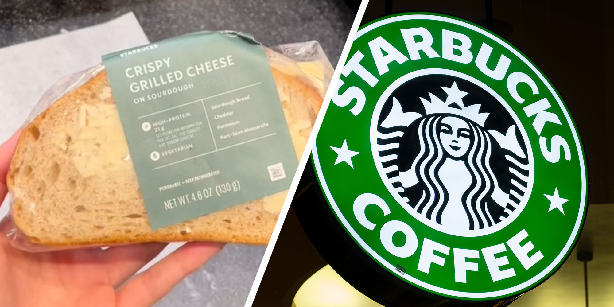 Two panel design with a person holding a grilled cheese sandwich still in wrapper at Starbucks, next to an image of a Starbucks logo