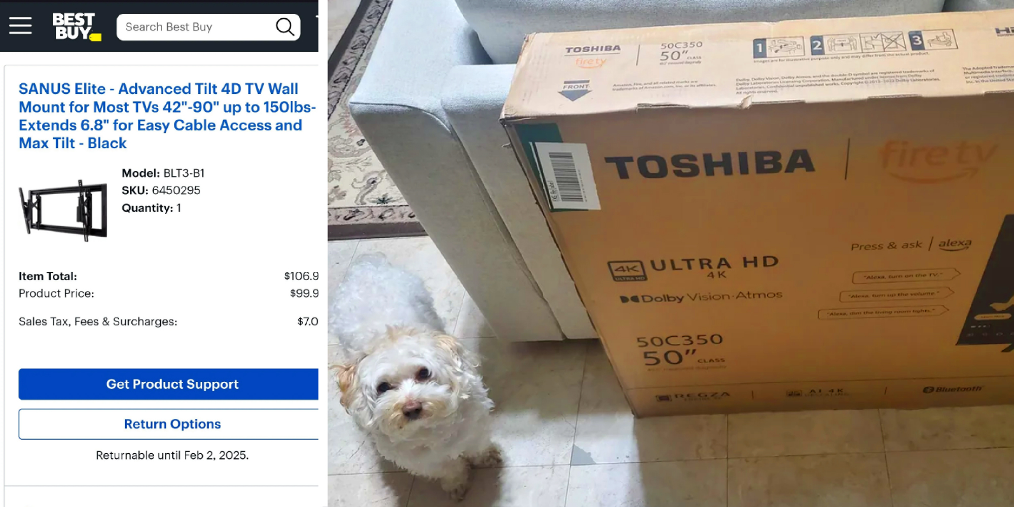 2 panel image: left side shows the Best Buy app. The right shows a photo of the TV.