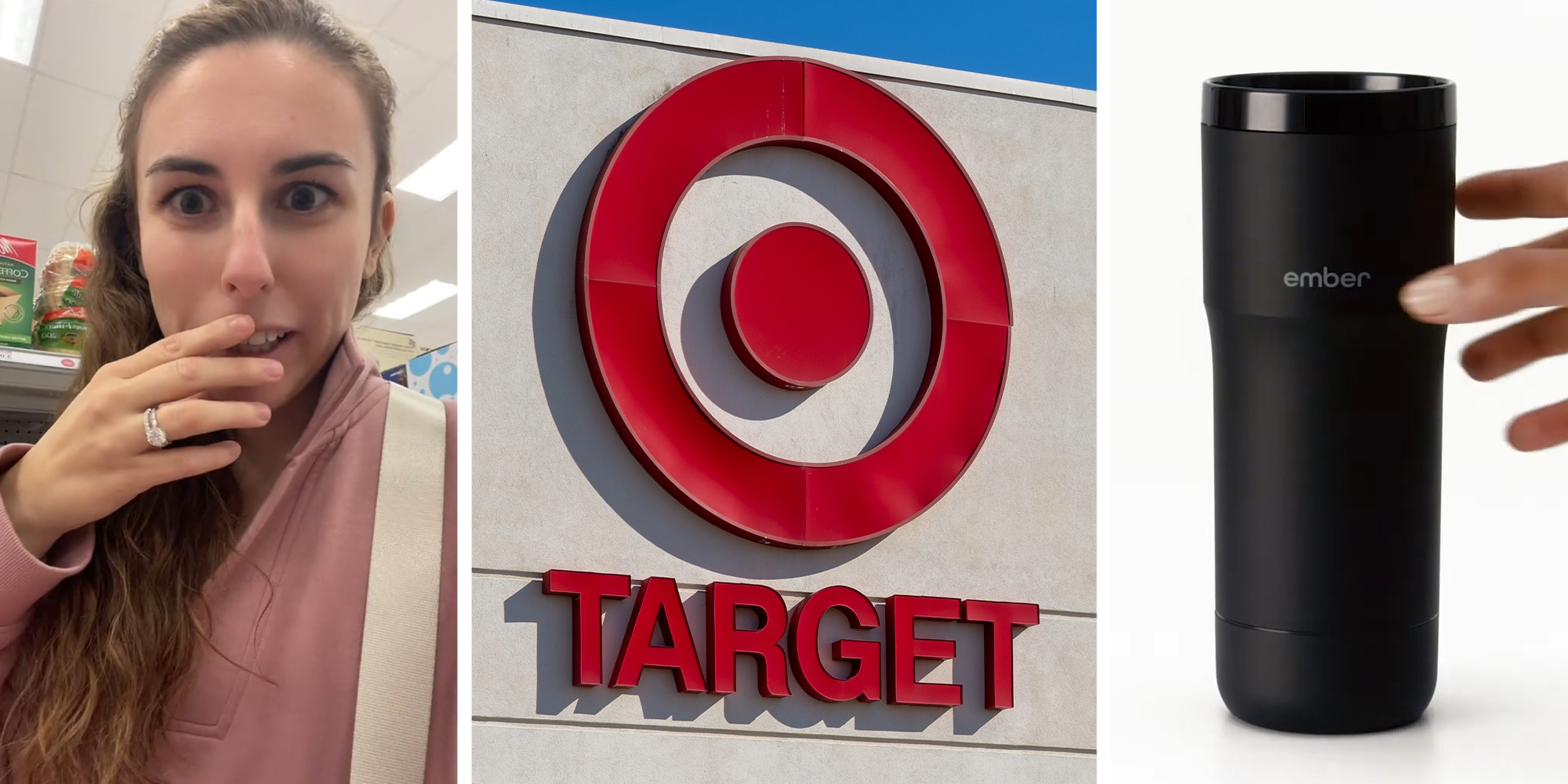 Woman looking shocked(l) Target Store Sign(c) Ember Travel Mug(r)