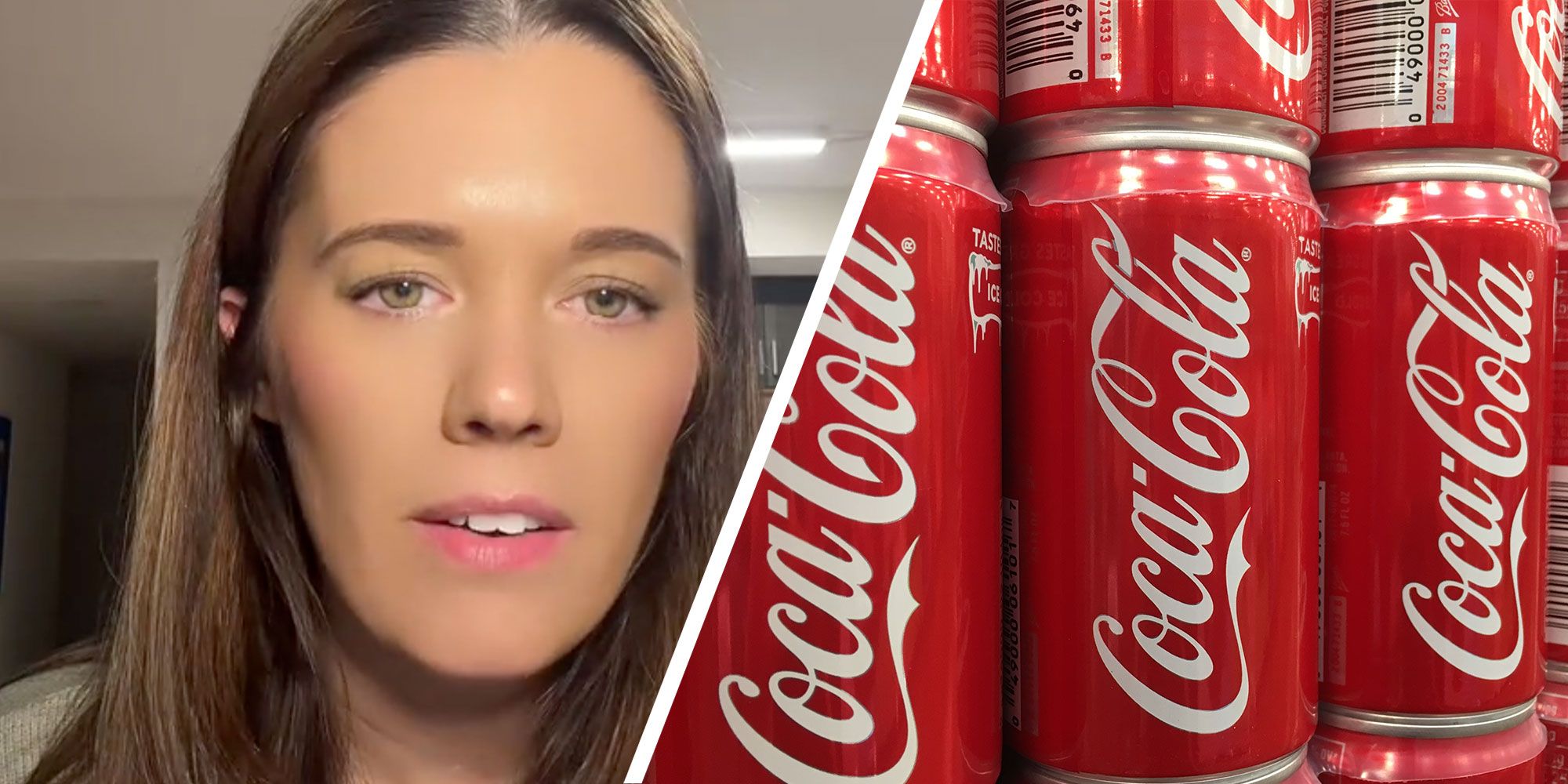 Two panel design with a woman talking to camera from inside her home, next to an image of stacked cocacola cans