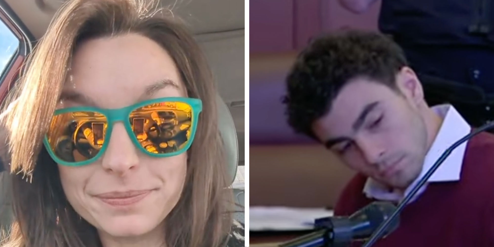 Two panel design with a woman looking at the camera with sunglasses on, next to an image of Luigi Mangione