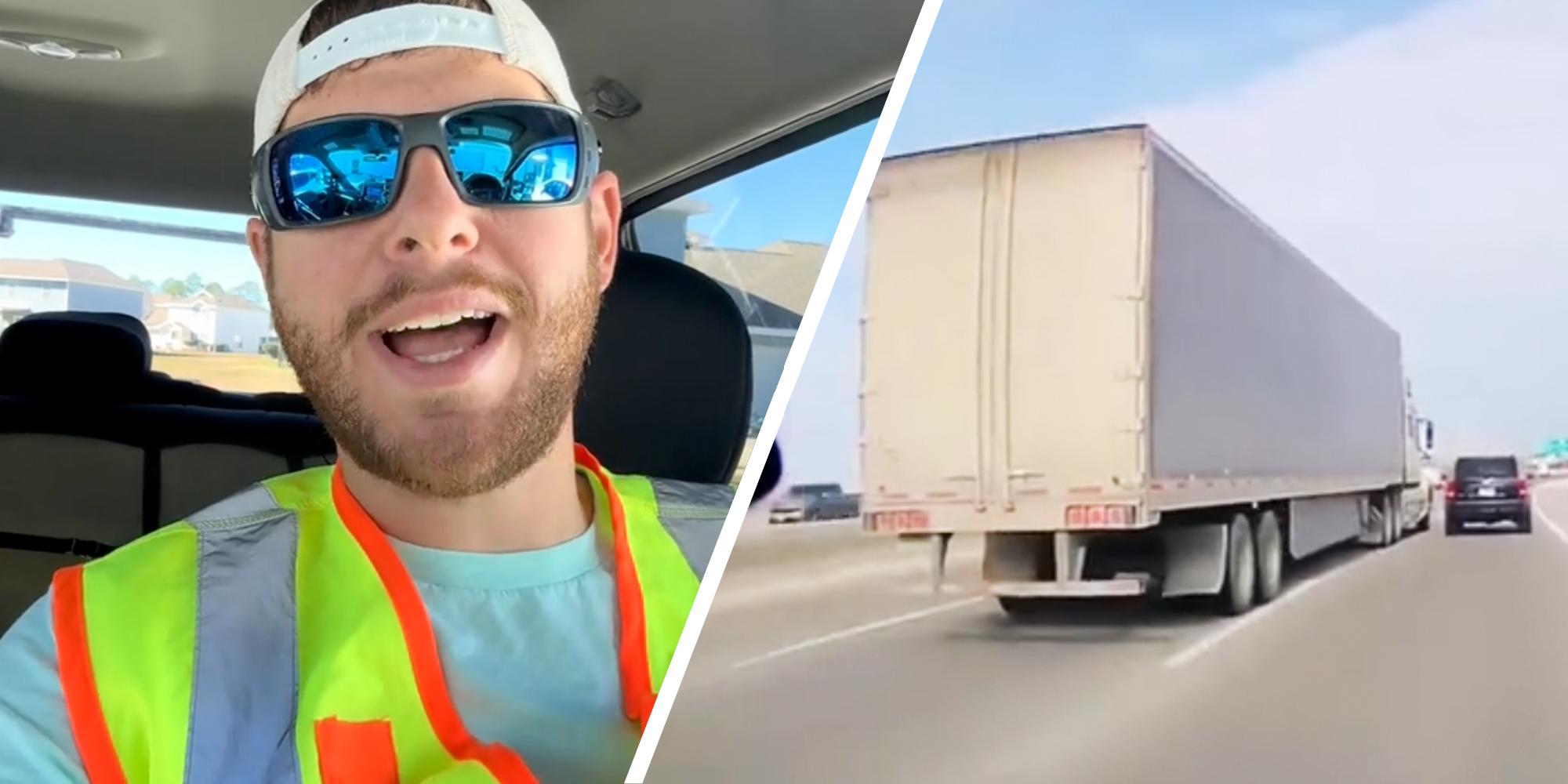 Man talking(l), 18 wheeler next to car on highway(r)