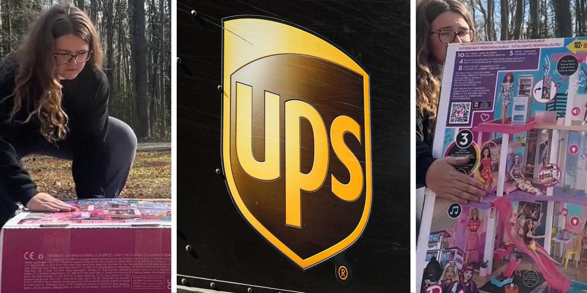 UPS worker wrapping up barbie doll house(l) UPS Store Logo(c) woman holding up Barbie Box(r)
