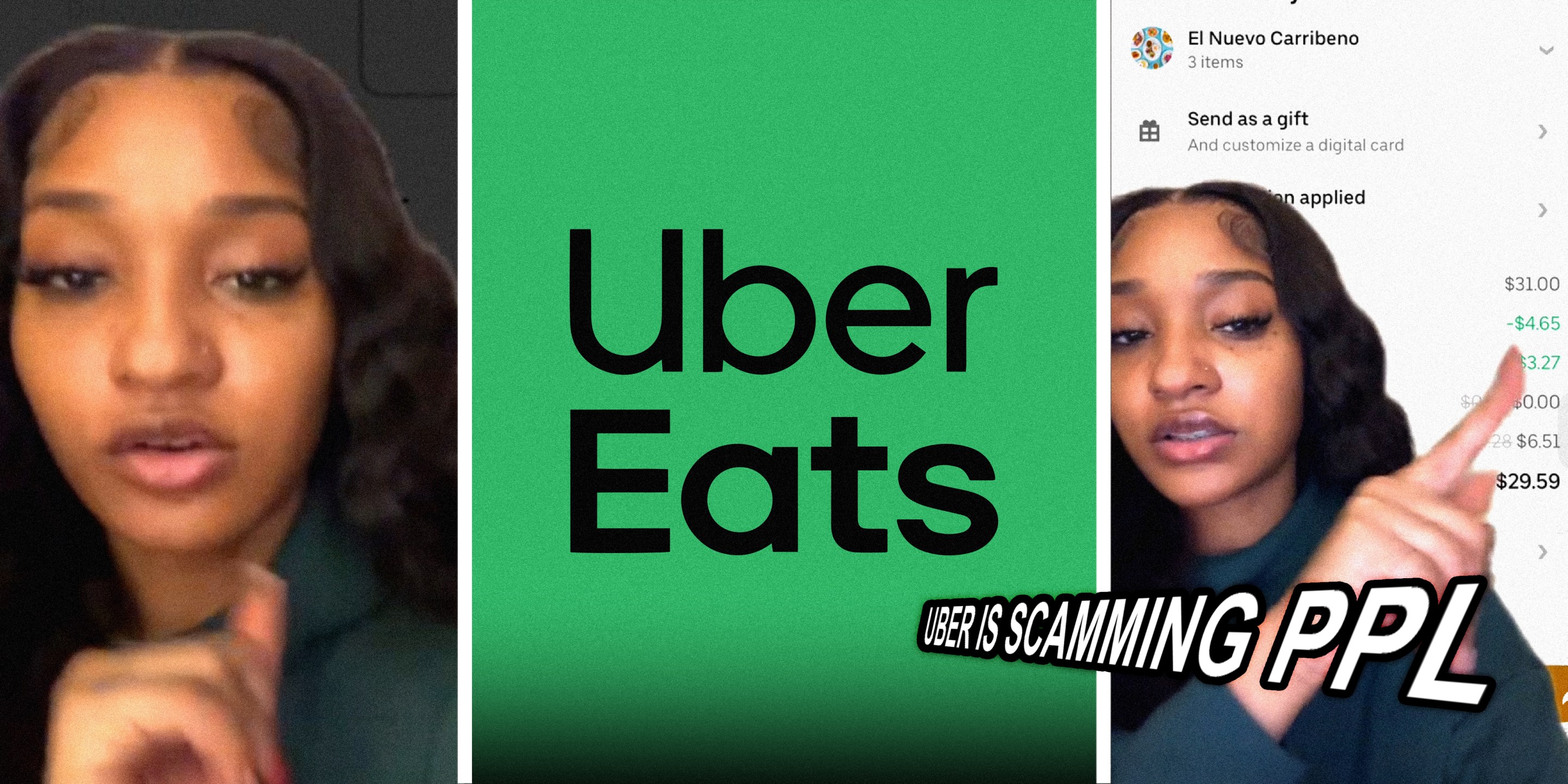 3 panel image, on the sides a person explains and in the middle is the Uber Eats logo with text over, "Uber is scamming ppl".