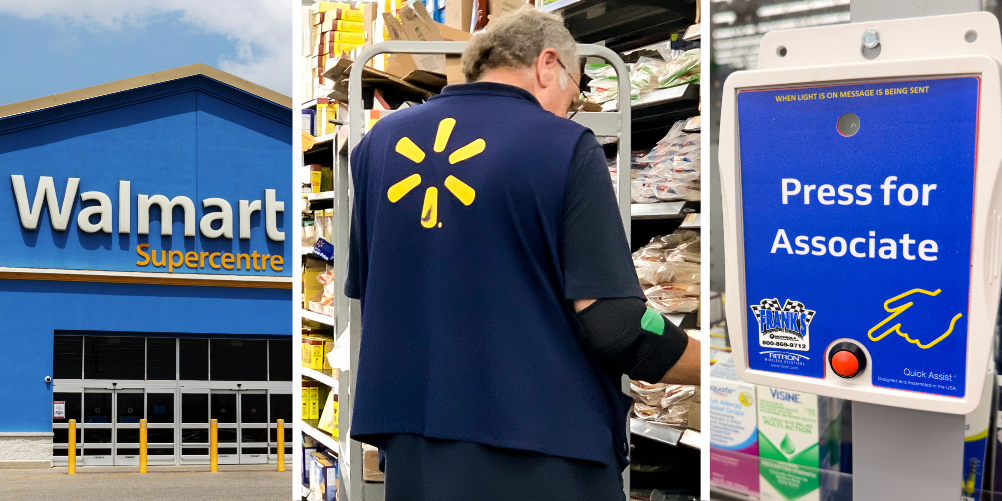 Walmart storefront(l), Walmart employee(c), Walmart press for associate button(r)