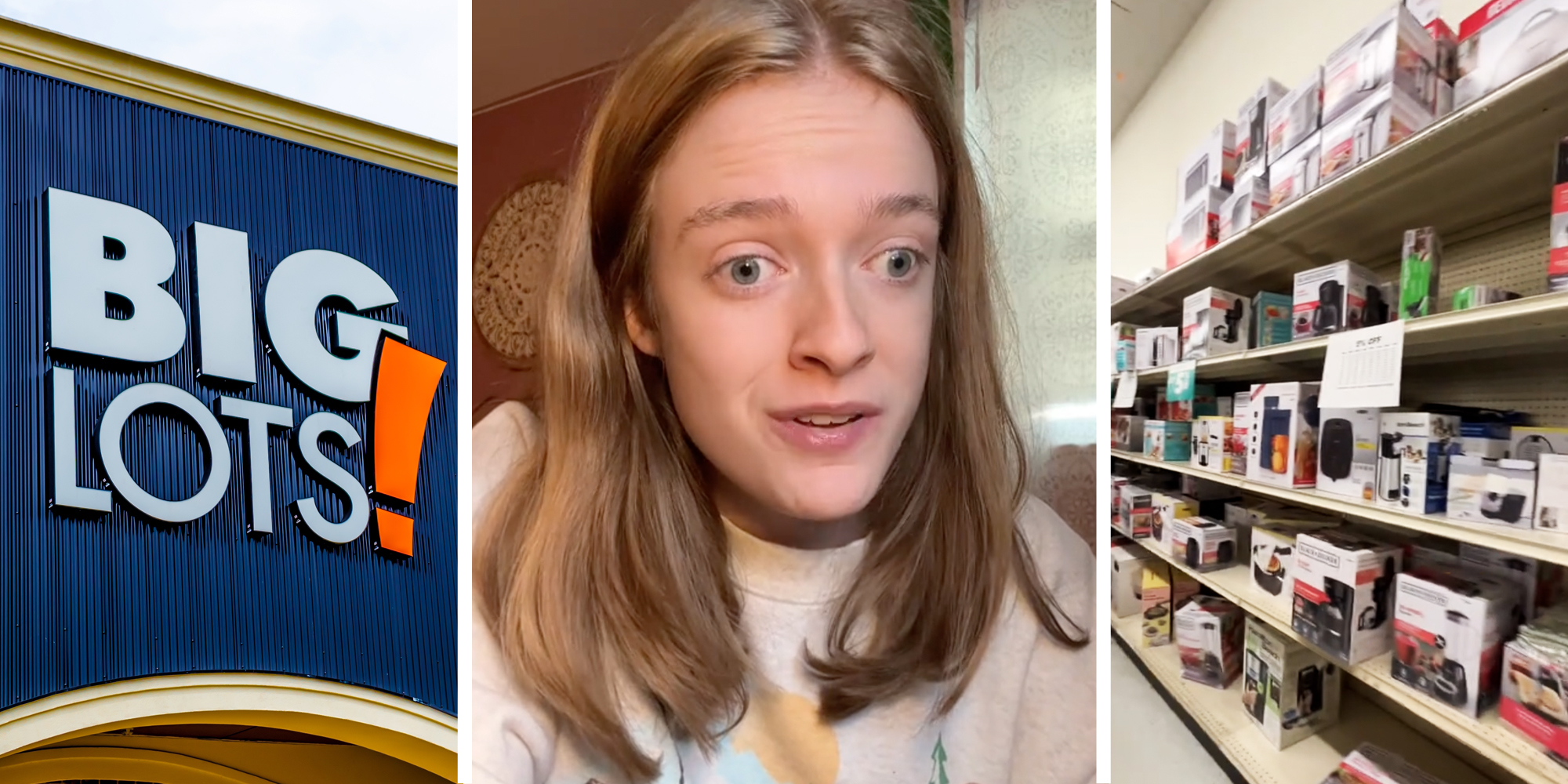 Big Lots sign(l), Woman talking(c), Shelves in store(R)