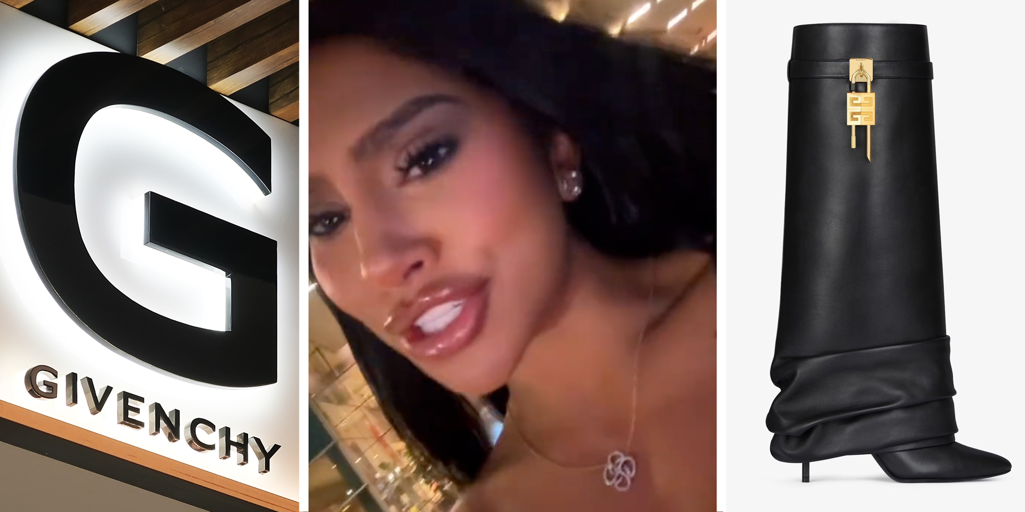 Givenchy logo(l), Woman talking(c), Shark lock boots(r)