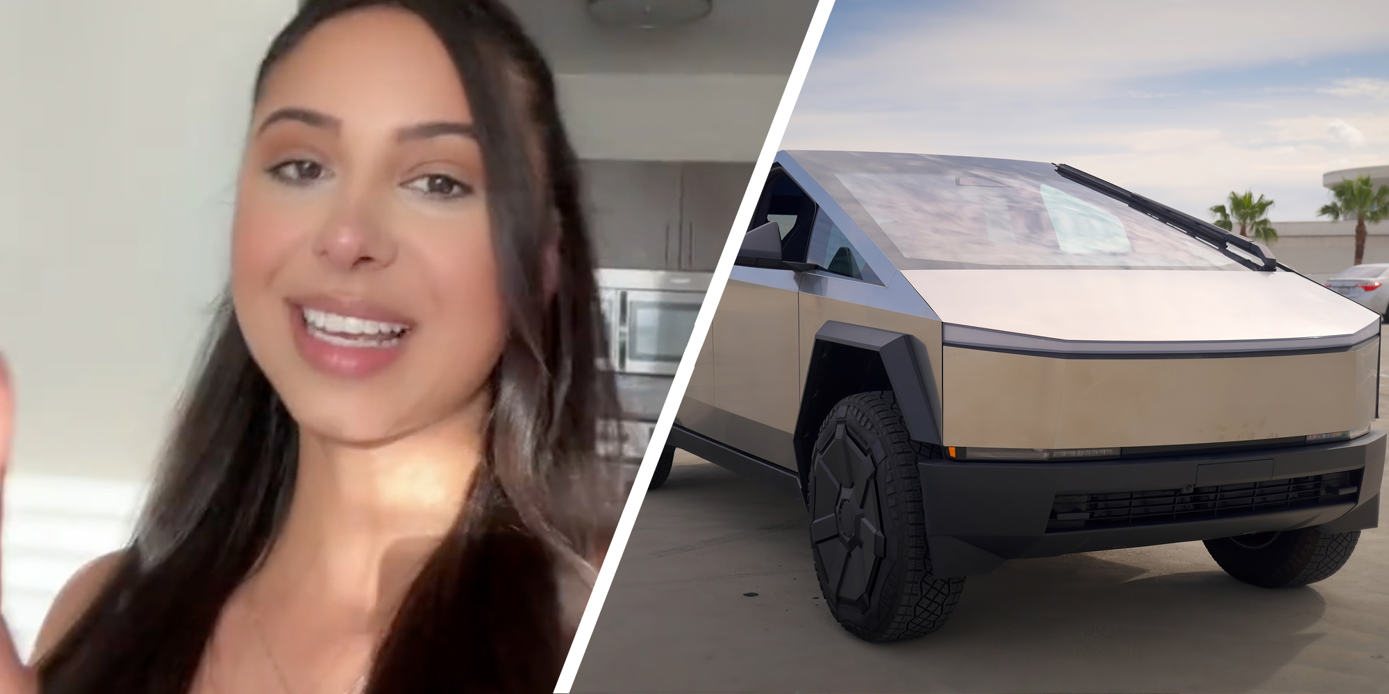 Woman talking(l), Cybertruck(r)