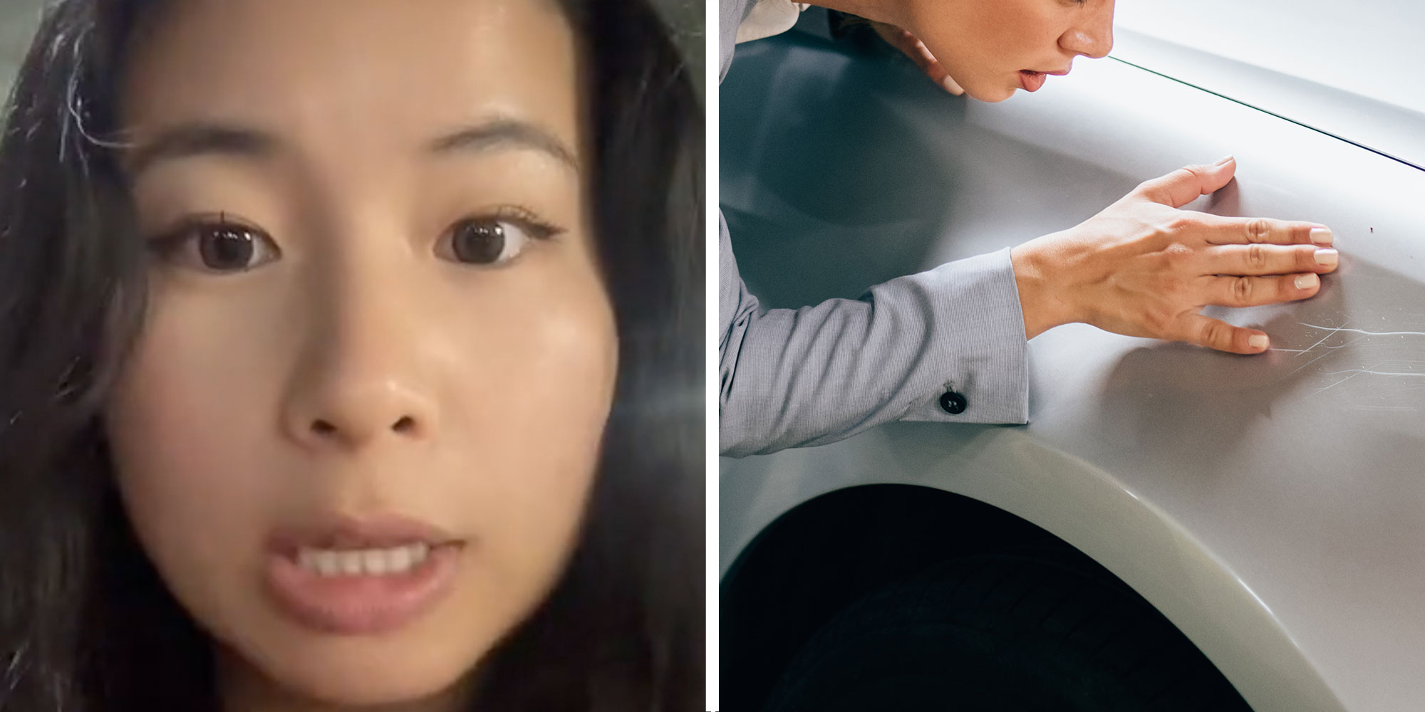 Two panel design with a woman looking upset and at the camera in one, next to an image of a woman looking at her car for a scratch