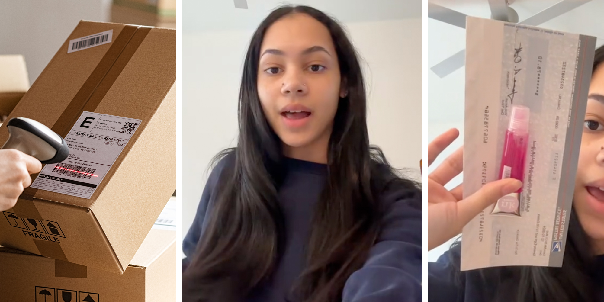 Package getting scanned(l), Woman talking(c), Hand holding check and lip gloss(r)