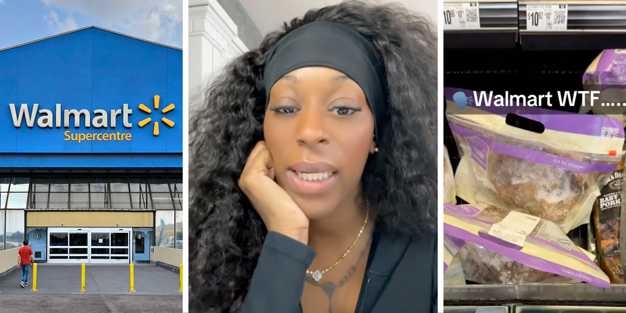 Walmart storefront(l), Woman talking(c), Walmart items(r)
