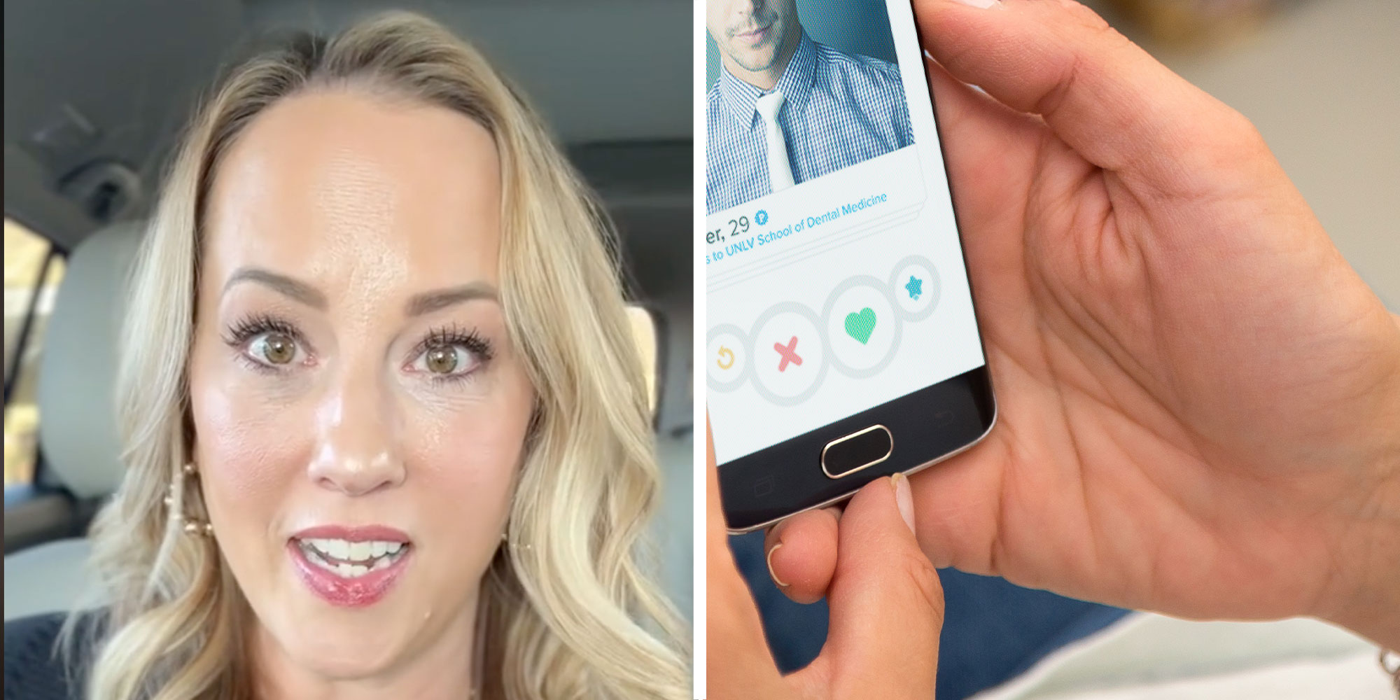 Two panel design with a woman talking in her car, next to an image of a person using a dating app.