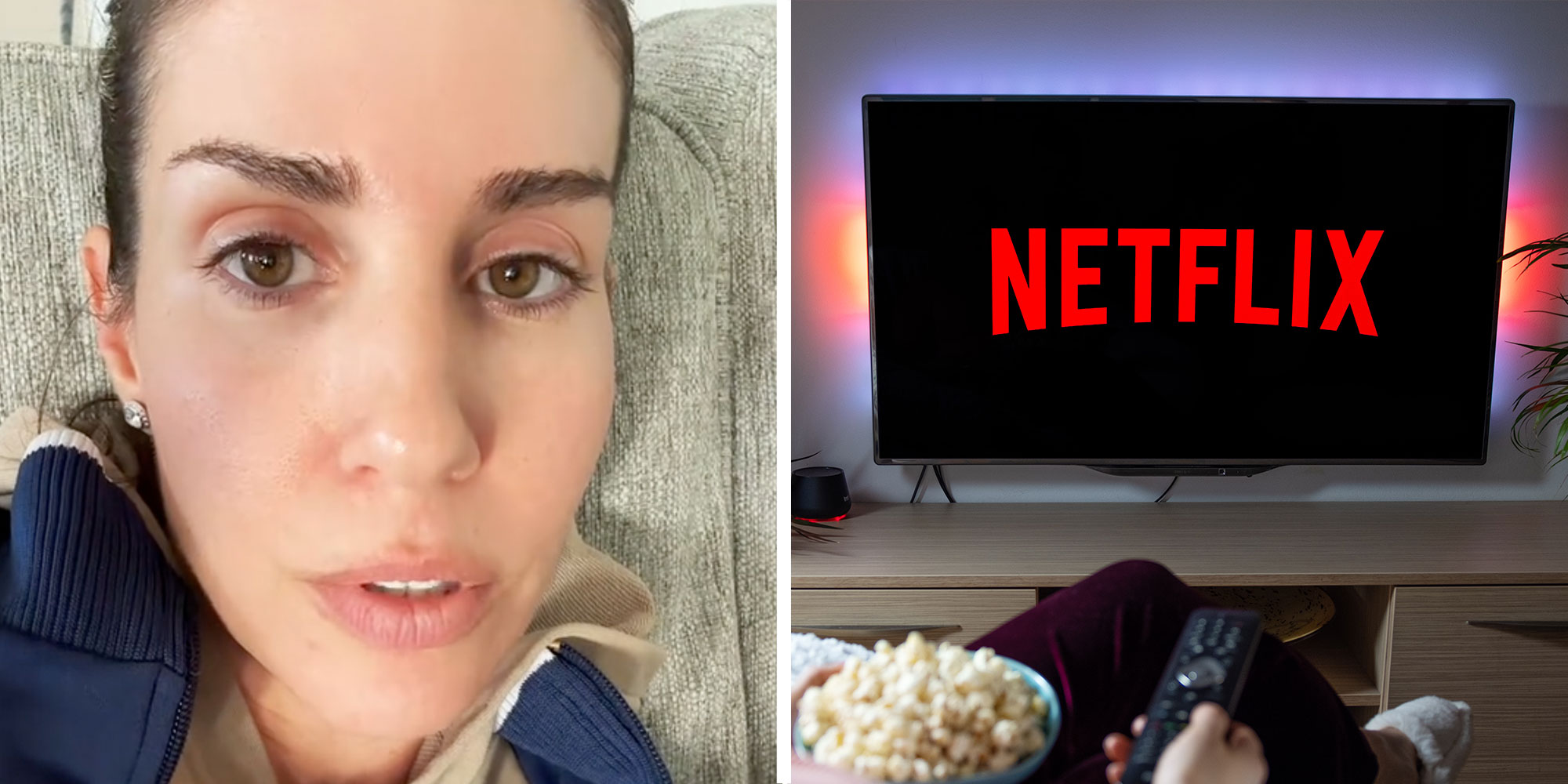 Two panel design with a woman looking at the camera, next to an image of someone watching a show on Netflix in their home