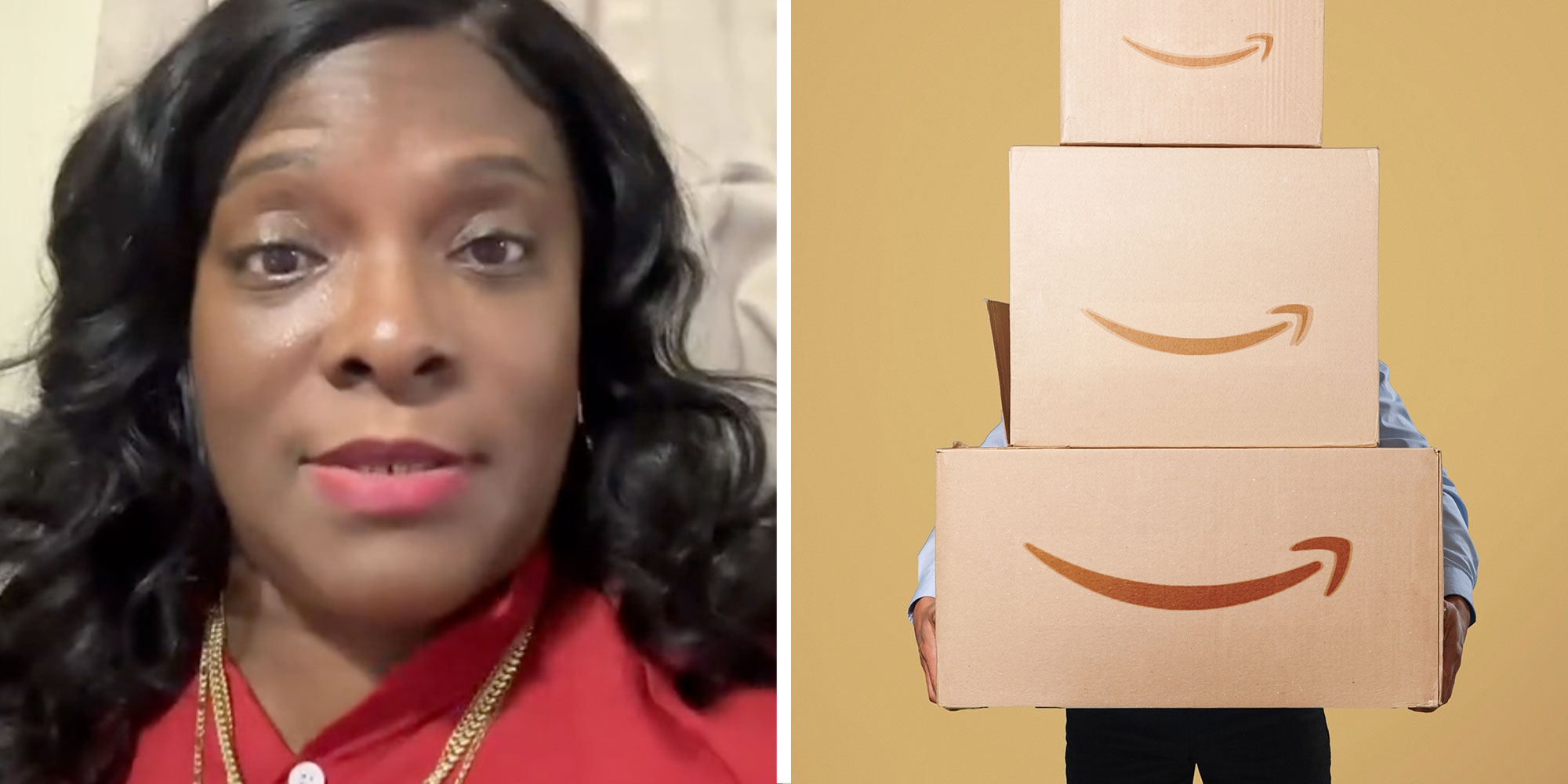 Two panel design with a woman looking at the camera in one, next to an image of a person holding up amazon delivery boxes