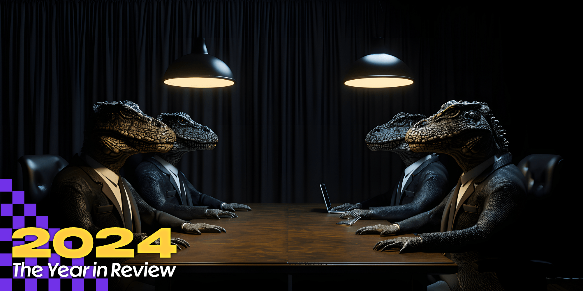 A dark board room, lizard people in suits sitting at the table. Text over says, "2024, The Year in Review." The 10 dumbest conspiracy theories of 2024.