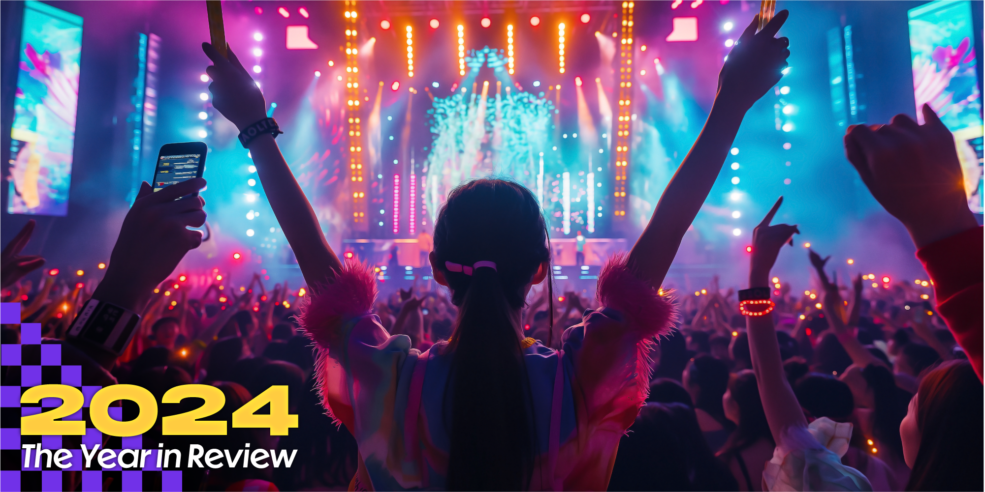 In a packed stadium a fan raises their arms in excitement. Text over says, "2024, The Year in Review."