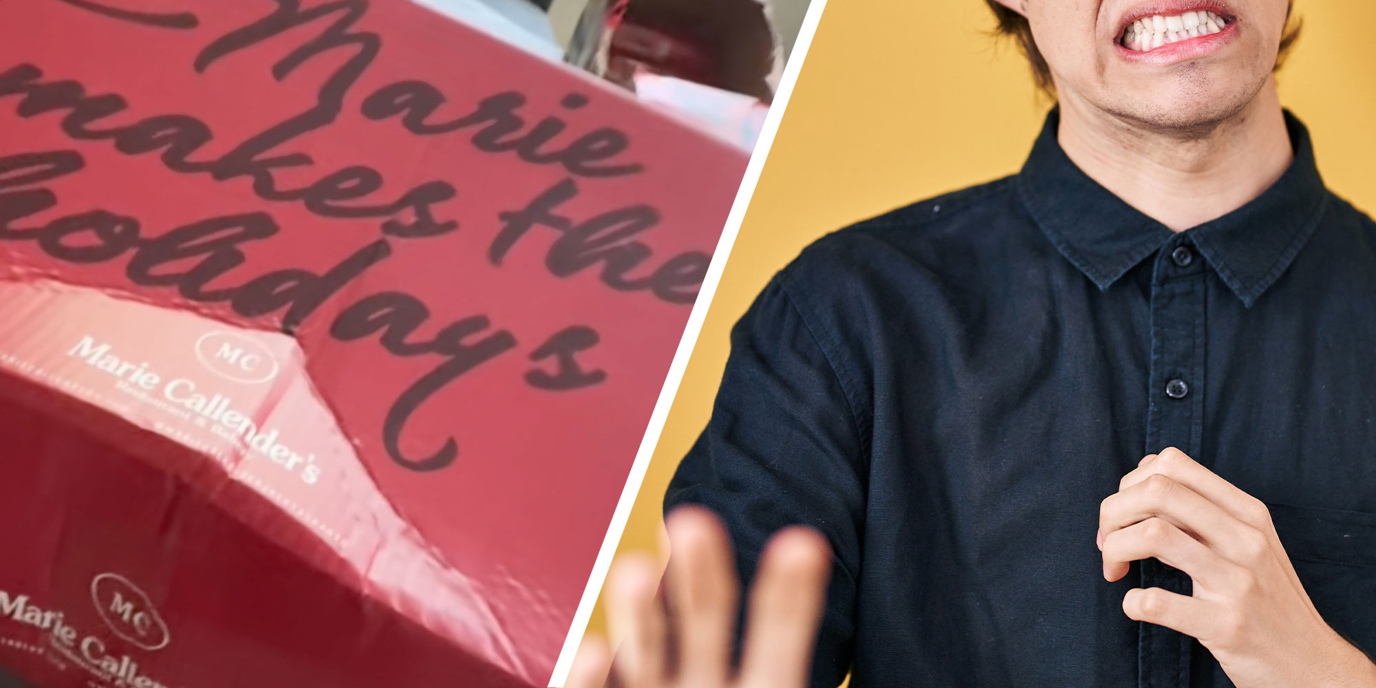 Two panel design with a close up of a Marie calendar meal prep kit next to an image of a person who seems disgusted