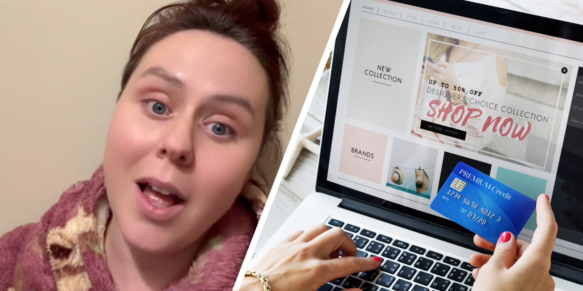 Woman talking(l), Hands with credit card at online store(r)