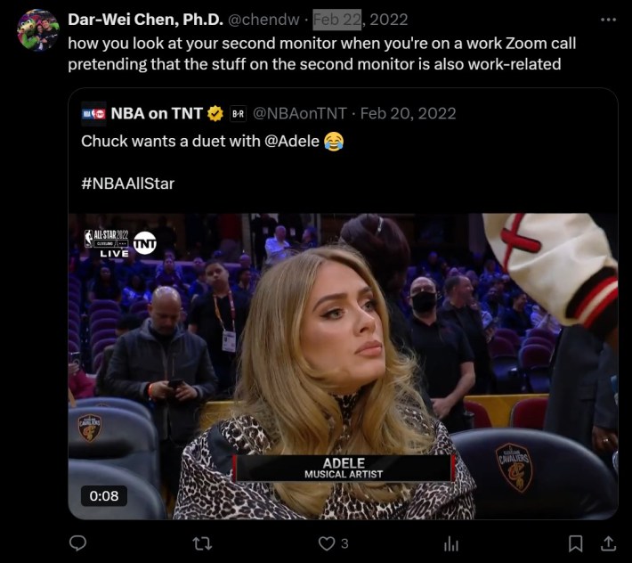 adele nba meme tweet that reads "how you look at your second monitor when you're on a work Zoom call pretending that the stuff on the second monitor is also work-related"