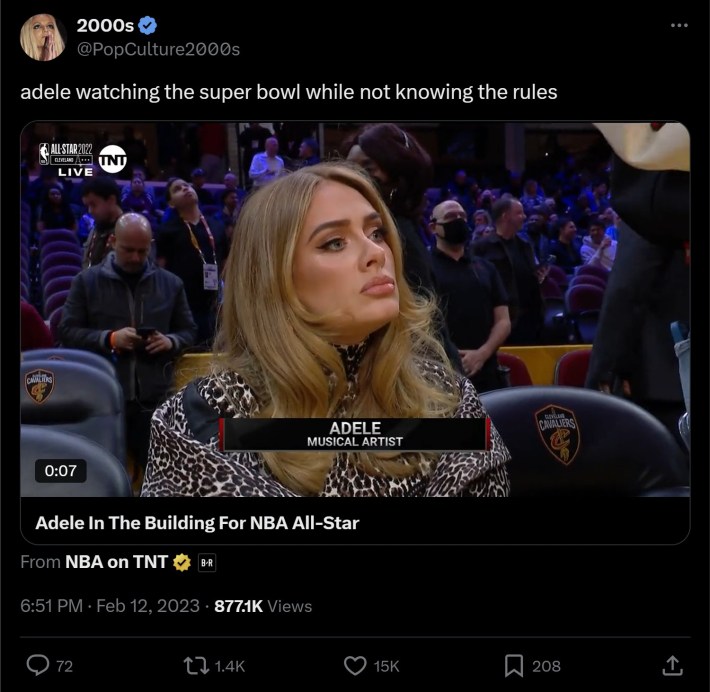 adele nba meme tweet that reads "adele watching the super bowl while not knowing the rules"